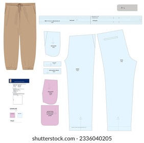 Stylish men's Tobi Style Pants with pockets. Vector sewing pattern in medium-large sizes. Features a loose fit, full length, mid waist  and low crotch. Drawstring closure.