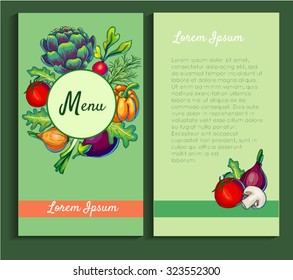 Stylish menu, banner, brochure or card template. Hand drawn green fresh vegetables vector illustration