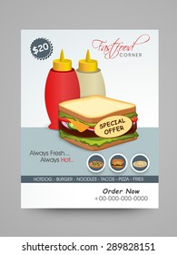 Stylish menu card design with illustration of fresh sandwich for fast food restaurants. 