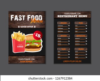 Stylish menu for fast food restaurant. blank for brochure or leaflet for fast food cafe in loft style. Vector template with wood texture elements. illustratoin eps10