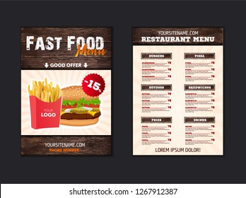 Stylish menu for fast food restaurant. blank for brochure or leaflet for fast food cafe in loft style. Vector template with wood texture elements. illustratoin eps10