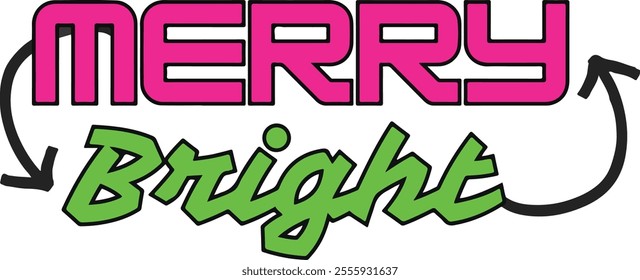 Stylish Merry Bright typography vector art with elegant calligraphy. Perfect for holiday projects, greeting cards, festive designs, and seasonal decorations. Premium-quality Christmas illustration.