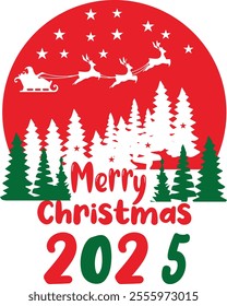 A stylish "Merry Christmas 2025" typography design for T-shirts, featuring festive lettering, holiday spirit, and a modern touch perfect for seasonal wear.