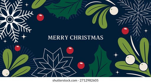 El elegante Merry Navidades Border presenta plantas de Navidades de moda, acebo, muérdago y bayas festivas. Perfecto para tarjetas de felicitación de vacaciones, Anuncios, carteles, cubiertas y diseño de embalaje.