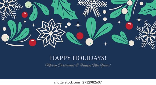 Stylish Merry Christmas Border features trendy Christmas plants, Holly, Mistletoe, and Festive Berries. Perfect for holiday greeting cards, banners, posters, covers, and packaging design.