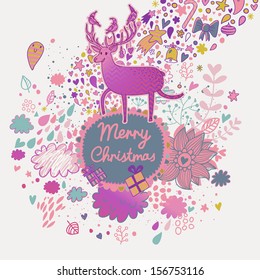 Stylish Merry Christmas card with cute deer, flowers, clouds, gifts, leafs, bow, bell, hearts and other holiday elements in vector. Cartoon holiday background in violet colors