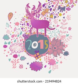 Stylish Merry Christmas card with cute deer, flowers, clouds, gifts, leafs, bow, bell, hearts and other holiday elements in vector. Fantastic holiday background in violet colors