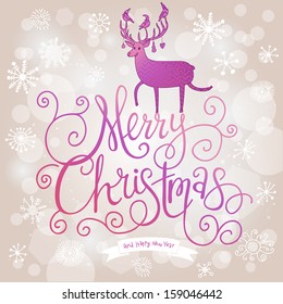 Stylish Merry Christmas card in modern violet colors. Deer silhouette on Merry Christmas text in vector. Beautiful snowfall on bright background with bokeh effect. Ideal for holiday invitations