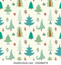 Stylish Merry Christmas card in vector. Bright holiday background. Seamless pattern with  different cute trees and smiley toys.