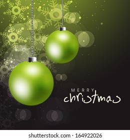 Stylish Merry Christmas celebration greeting card or invitation card with hanging Xmas balls on shiny snowflakes background. 