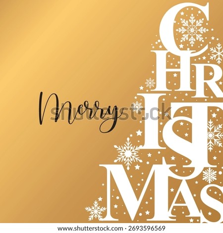 Stylish Merry Christmas design featuring elegant typography forming a Christmas tree with white snowflakes on a golden background. Perfect for holiday greetings and festive cards.