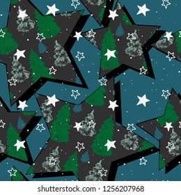 Stylish Merry Christmas seamless pattern with Christmas trees in Stars.