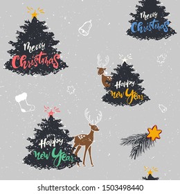 Stylish Merry Christmas seamless pattern with tree, lettering, deer, toys in vector. for wallpapers, pattern fills, web page backgrounds. Merry Christmas. happy new Year 2020