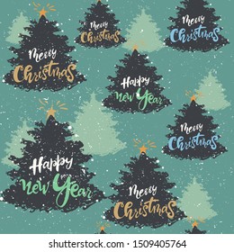 Stylish Merry Christmas seamless pattern with tree, lettering, toys in vector. for wallpapers, pattern fills, web page backgrounds. happy new Year 2020
