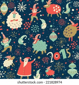 Stylish Merry Christmas seamless pattern with Santa Claus, Elves, sheep, birds, candies and toys in vector. Seamless pattern can be used for wallpapers, pattern fills, web page backgrounds