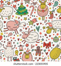 Elegante Feliz Navidad sin fisuras con lindos vectores de oveja. Se puede utilizar un patrón sin inconvenientes para fondos de escritorio, rellenos de patrones, fondos de páginas web