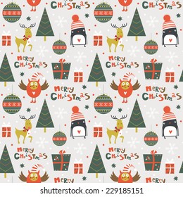 Stylish Merry Christmas seamless pattern with owl, deer, penguin, tree, gifts and toys in vector. Seamless pattern can be used for wallpapers, pattern fills, web page backgrounds