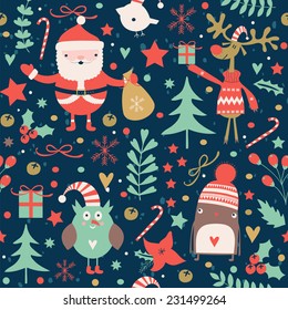 Stylish Merry Christmas seamless pattern with Santa Claus, Elves, sheep, birds, candies and toys in vector. Seamless pattern can be used for wallpapers, pattern fills, web page backgrounds