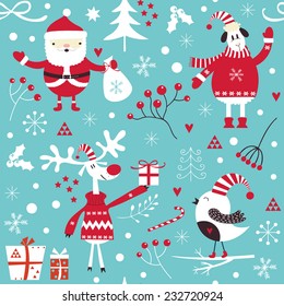 Stylish Merry Christmas seamless pattern with Santa Claus, Elves, sheep, birds, candies and toys in vector. Seamless pattern can be used for wallpapers, pattern fills, web page backgrounds