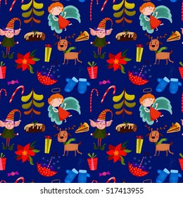 Stylish Merry Christmas seamless pattern with Elf, deer, angel, gloves, umbrella, cake, gift, tree in vector. Seamless pattern can be used for wallpapers, pattern fills, web page backgrounds