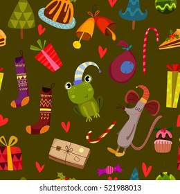 Stylish Merry Christmas seamless pattern with frog,mouse, cake, gift, tree in vector. Seamless pattern can be used for wallpapers, pattern fills, web page backgrounds

