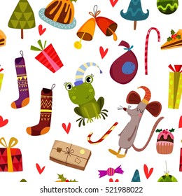 Stylish Merry Christmas seamless pattern with frog,mouse, cake, gift, tree in vector. Seamless pattern can be used for wallpapers, pattern fills, web page backgrounds

