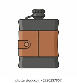 A stylish metal hip flask with a brown leather wrap on white background.