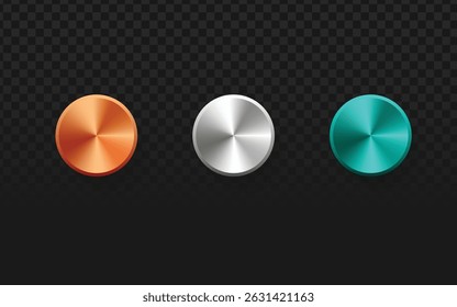 Stylish metallic buttons in copper, silver, and teal with a polished 3D look. Perfect for UI design, web elements, and modern graphic projects. Transparent PNG for easy overlay.