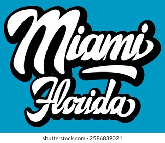 Stylish Miami Florida logo in bold cursive font with a vibrant blue background capturing the essence of the city s tropical vibe.