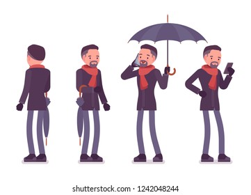 Stylish middle aged man with umbrella, wearing autumn clothes, classic short coat and accessories. Fall outfits for men concept. Vector flat style cartoon illustration isolated on white background
