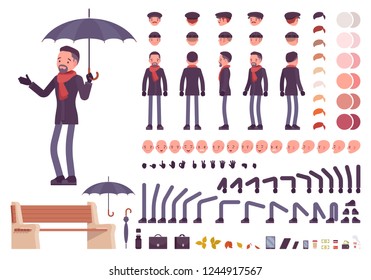 Stylish middle aged man with umbrella in autumn clothes character creation set. Full length, different views, emotions, gestures. Build your own design. Vector illustration