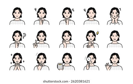 Stylish middle-aged woman facial expression variation set