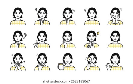 Stylish middle-aged woman facial expression icon set