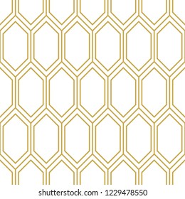 Stylish minimal design with hexagons composing hyve. Seamless vector pattern in gold
