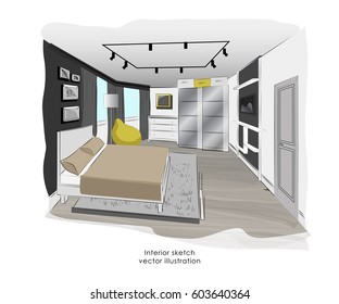 Stylish minimalism bedroom interior sketch. Vector illustration