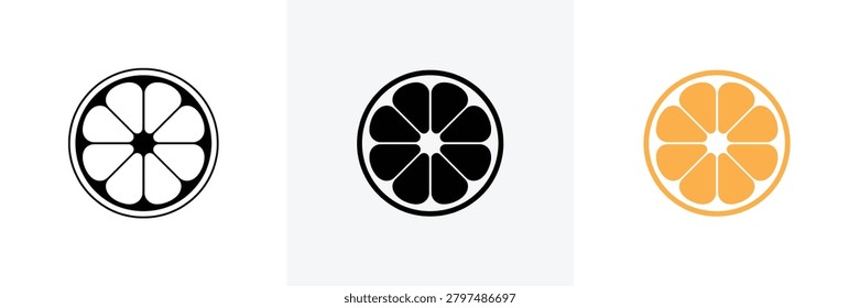 Stylish minimalist citrus slice icons presented in white black and orange variations with clean geometric lines for versatile use