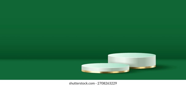 Diseño minimalista con dos podios redondos sobre un elegante fondo verde. Ideal para exhibición de productos o branding con un toque de lujo y sofisticación.