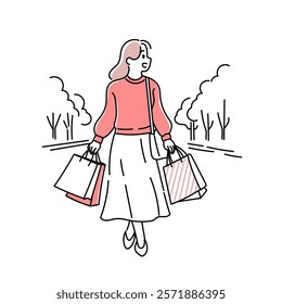 Stylish minimalist duotone illustration of a fashionable happy woman with shopping bags, wearing a pink sweater and long skirt, walking outdoors. Simple kawaii line art style. Vector illustration EPS.