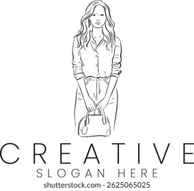 Stylish minimalist fashion sketch of elegant woman with handbag. Perfect for branding design graphic