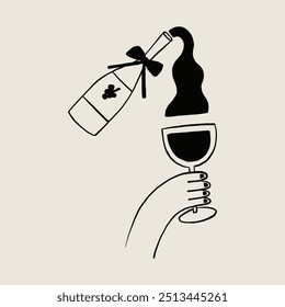 Stylish minimalist illustration showing a wine bottle pouring red wine into a glass. Perfect for themes related to celebration, elegance, and fine dining