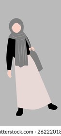 Stylish minimalist illustration of a woman in a hijab and flowing skirt, carrying a bag.  The muted color palette evokes a sense of calm and modern elegance.