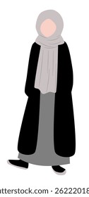 Ilustração minimalista elegante de uma mulher em um hijab e casaco longo.  A paleta de cores neutras cria uma estética serena e moderna, perfeita para diversos projetos de marca e bem-estar.