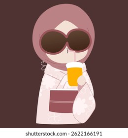 Stylish minimalist illustration of a woman in a kimono and hijab, enjoying a refreshing beverage through a straw.