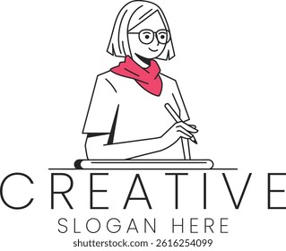 Stylish minimalist line art illustration of a creative woman designer drawing Ideas Concept Graphic