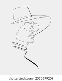 Stylish minimalist line drawing of a woman wearing a wide-brimmed hat and round sunglasses, showcasing fashion and sophistication.