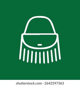 A stylish minimalist outline of a fringed purse against a solid green background. Depicts modern elegance and practical fashion.