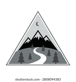 A stylish minimalist triangle emblem featuring majestic mountain peaks, a serene pine forest, and a winding pathway under a crescent moon, perfect for outdoor brands.