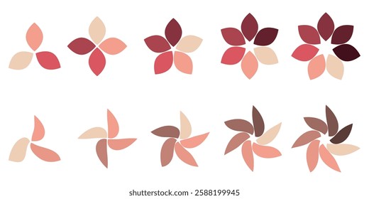 A stylish and minimalist vector illustration with abstract shapes of flower petals in a rotating motion. Elegant color palette, Perfect for modern branding, packaging, textiles, wallpaper