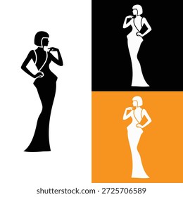 Uma ilustração vetorial elegante e minimalista com uma silhueta feminina em um vestido de noite sofisticado.