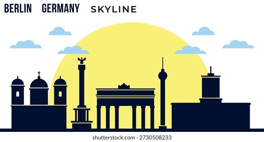Elegante silueta de Vector minimalista de Berlín (silueta del horizonte de Berlín) con los Lugares famosos icónicos más famosos con el telón de fondo de una Grande puesta de sol amarilla.